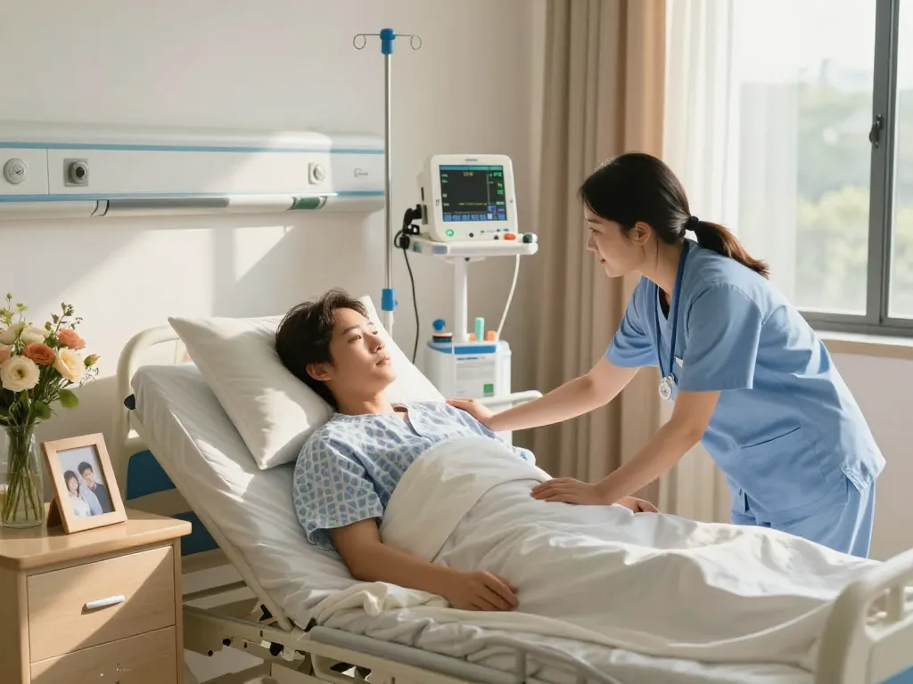 Patient in a giường bệnh nhân being adjusted by a caregiver in a serene home hospital room.