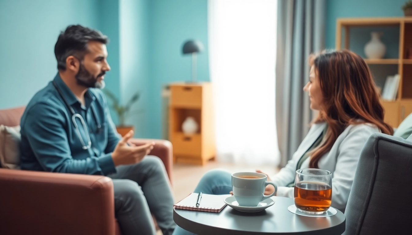 Therapist assessing depression symptoms in a comfortable therapy room.