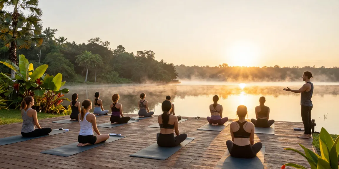 A group practicing yoga at a lakeside during sunrise, part of the yoga alliance certified training sri lanka.