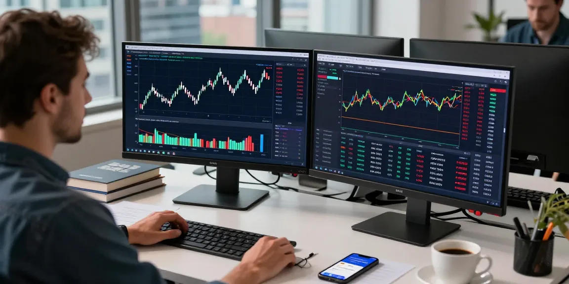 Trader using MetaTrader 4 for forex analysis and live trading in a modern office workspace, dual monitors displaying charts and data.
