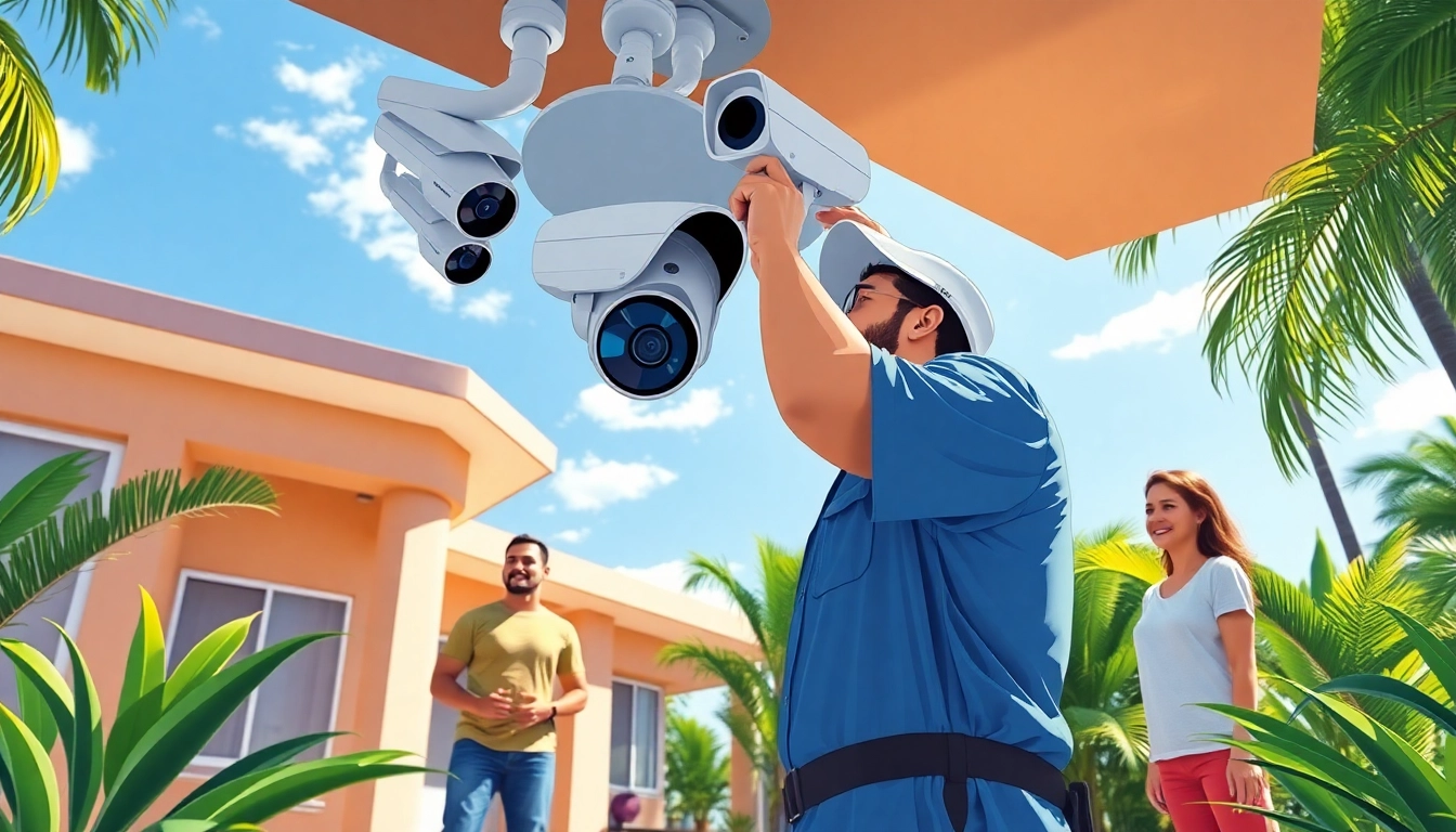 Escena de instalación de cámaras de seguridad en Guanacaste con un técnico y propietarios satisfechos.