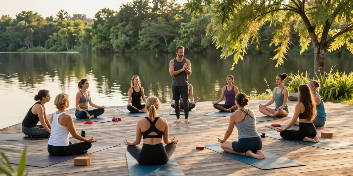 Stefan Camilleri yoga students practicing Vinyasa flow at tranquil lakefront retreat.