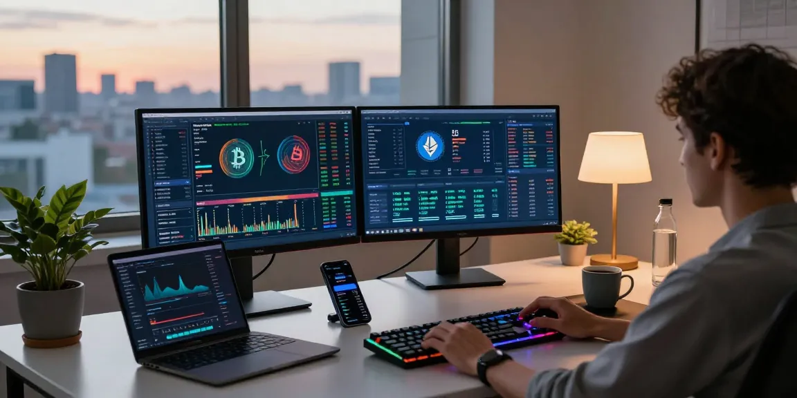 Beginner cloud mining platform showcased in a modern crypto trading setup with charts and DeFi dashboards.