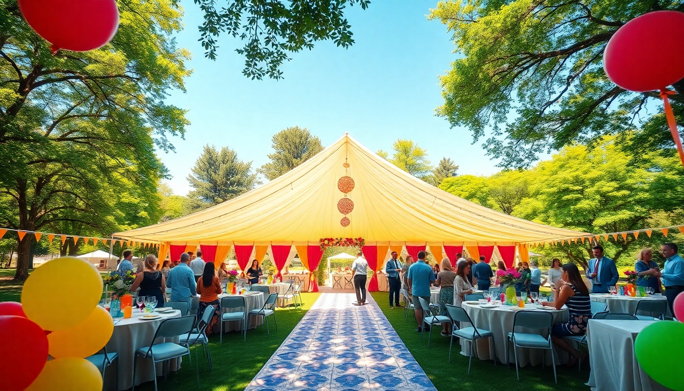 Enjoy stunning Party Tent Rentals with vibrant decorations in a scenic outdoor setting.