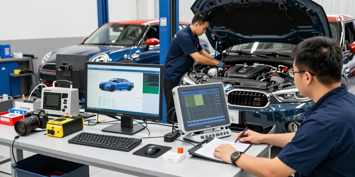 Professionelle BMW Werkstatt Hannover mit Technikern bei der Motorwartung und modernem Equipment