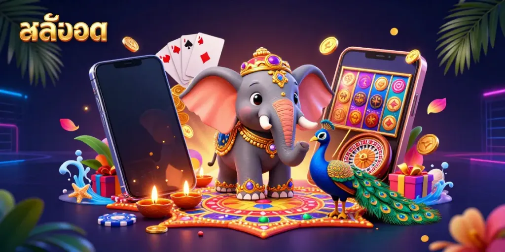 Engaging scene with colorful slot game elements and a vibrant elephant character themed around สล็อต.