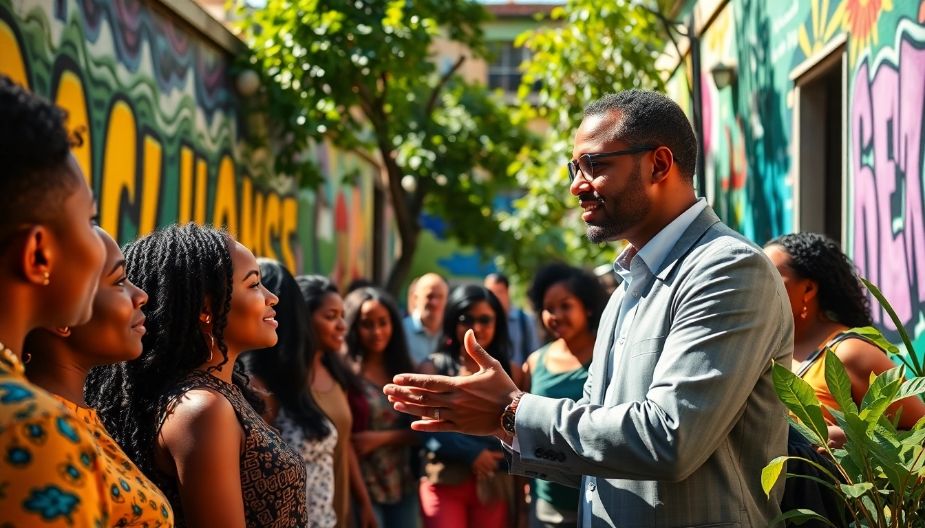 Philanthropist interacting with community in vibrant urban environment, showcasing dedication and compassion.