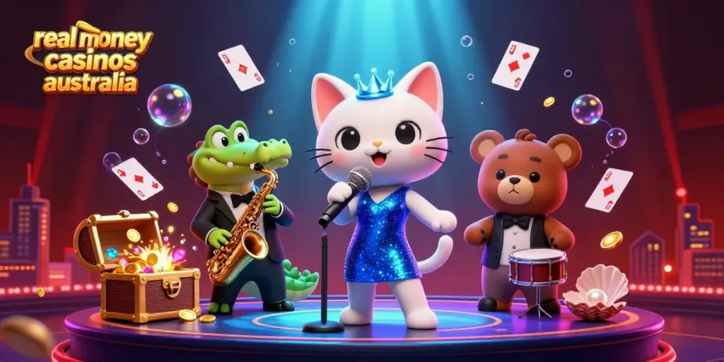 Celebrate at real money casinos Australia with a vibrant 3D scene featuring iconic casino characters.