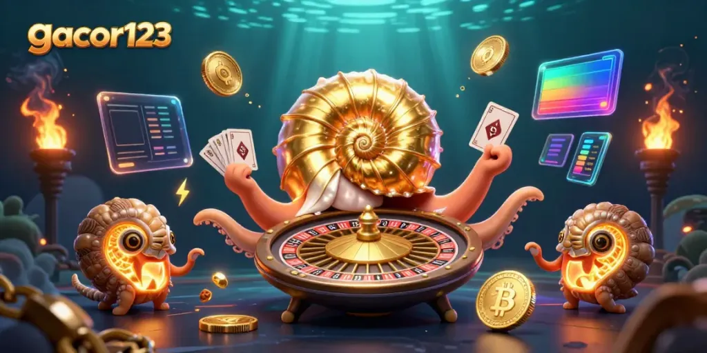 Engage with gacor123 through an immersive 3D scene showcasing a giant nautilus roulette wheel and crypto elements.