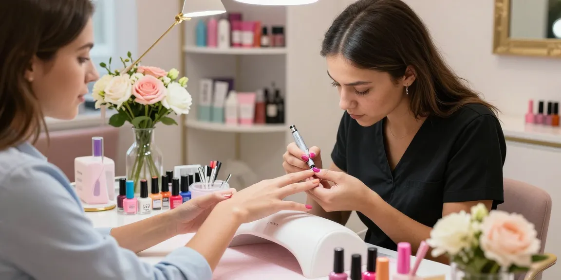Aplicarea ojei semipermanente într-un cadru modern de salon de înfrumusețare cu lacuri de unghii colorate și decor elegant.