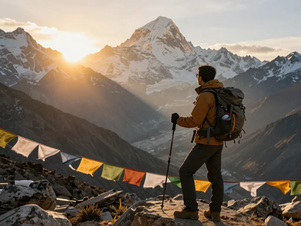 Annapurna Circuit Trek traveler at Thorong La Pass, epic mountain views, golden sunset, hiking adventure.