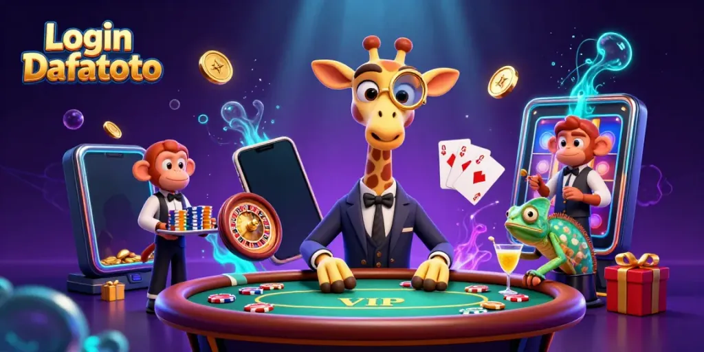 Login Dafatoto dalam ilustrasi 3D menampilkan jerapah dengan pakaian resmi di meja poker.