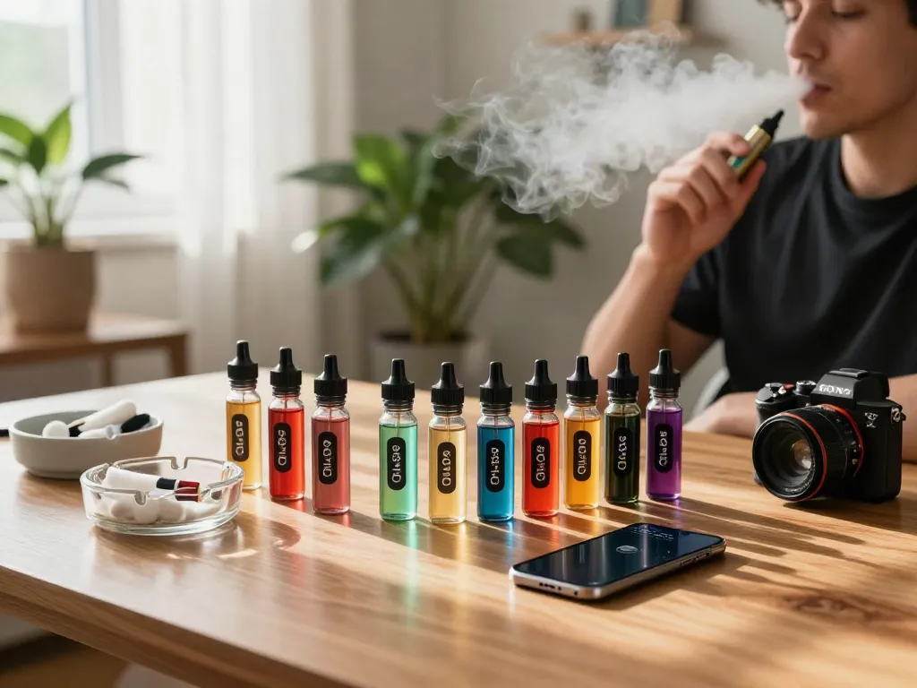 Vibrant collection of salt nic vapes on display with a user enjoying vaping experience in cozy setting.