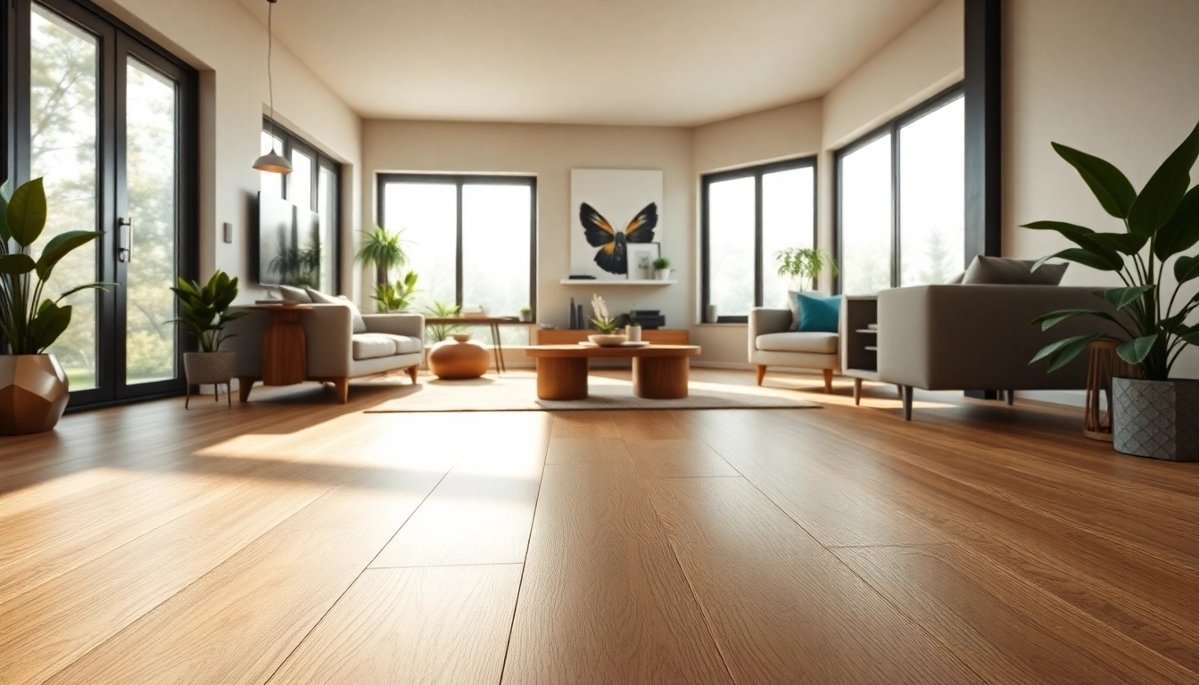 Showcasing quality vinyl flooring in a modern living room with inviting oak tones and natural light.