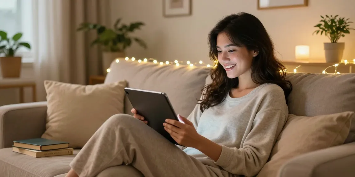 A young woman enjoying a cozy evening with her AI girlfriend on a tablet.