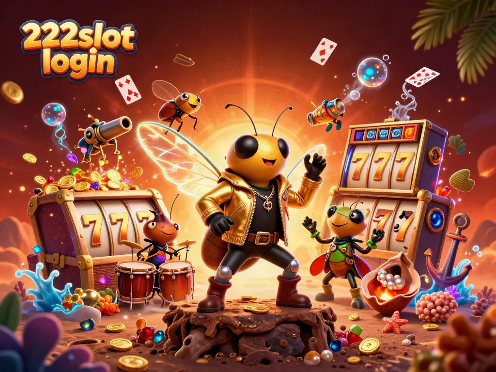 Menangkan jackpot di 222slot login dengan gulungan slot dan karakter ceria dalam ilustrasi 3D yang kaya warna.