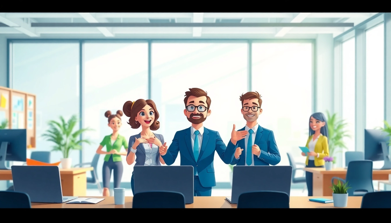 Unternehmensanimation zeigt animierte Charaktere in einem modernen Büro präsentieren.