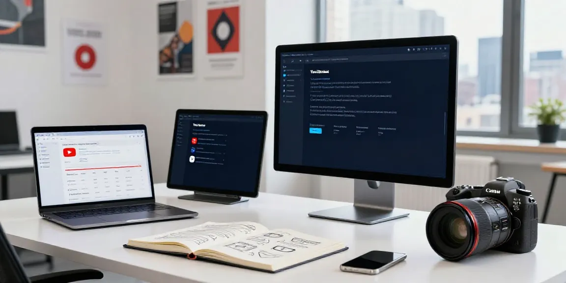 Generate YouTube descriptions with AI in a modern marketing workspace with a content strategist using digital tools.