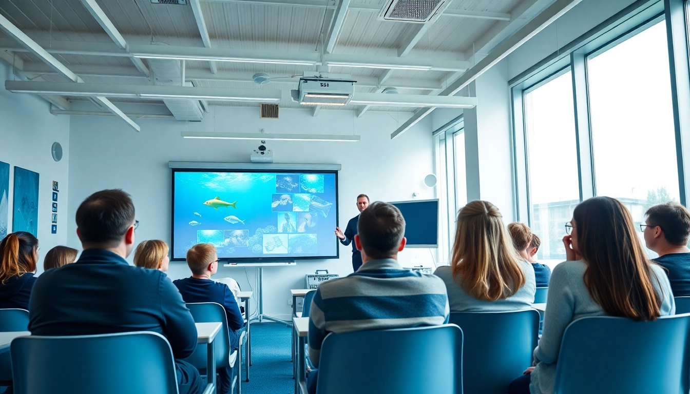 Aktive Teilnehmer beim SSI Theorie Kurse, die engagiert lernen und einen Instruktor beobachten.