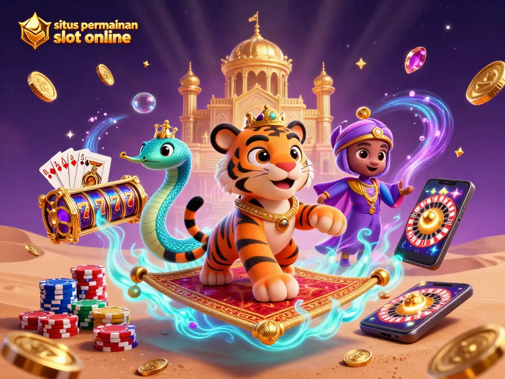 Menangkan situs permainan slot online dengan keberuntungan dikelilingi koin emas dan slot yang berputar.