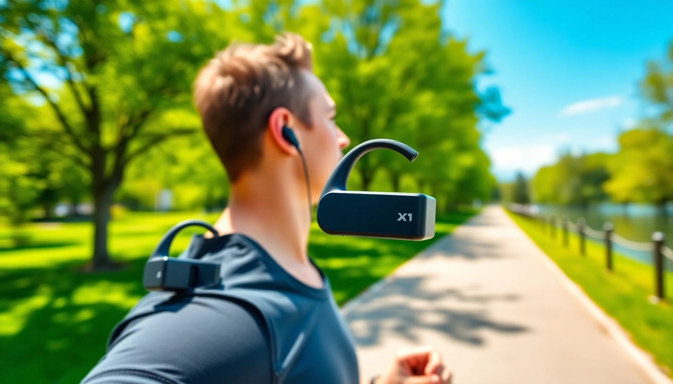 Experience the comfort of Bone X1 Bone Conduction Headphones on an outdoor jog in a scenic park.