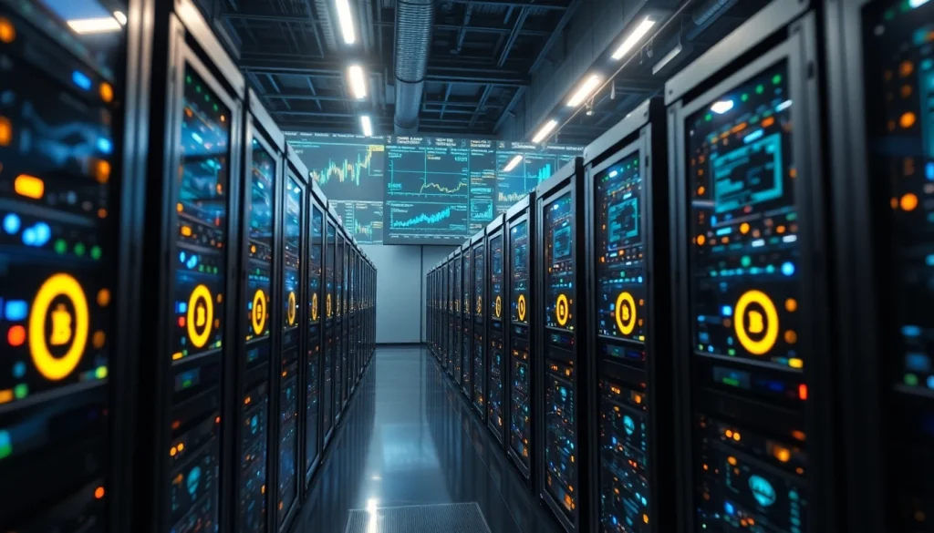 Visual representation of top cloud mining with advanced mining rigs in a high-tech facility.