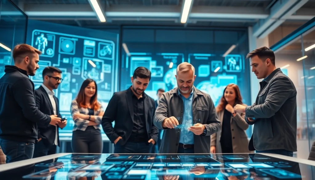 Showcasing technology innovation in a modern workspace with diverse team collaboration.