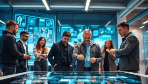 Showcasing technology innovation in a modern workspace with diverse team collaboration.