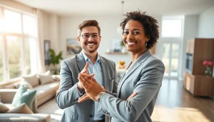 Showcase of Real Estate agent presenting a modern interior space to potential buyers.