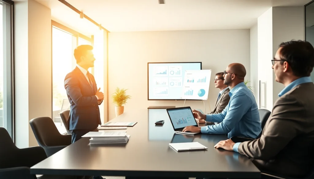 Engaging financial advisor explaining tax planning and wealth management to clients in a modern office.