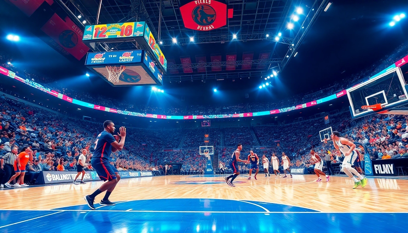 nba중계 중인 프로 농구 경기 장면과 열광하는 팬들