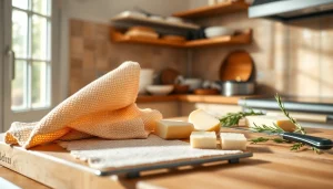 Kaasdoek elegantly draped in a kitchen, showcasing its fine texture and warm atmosphere.