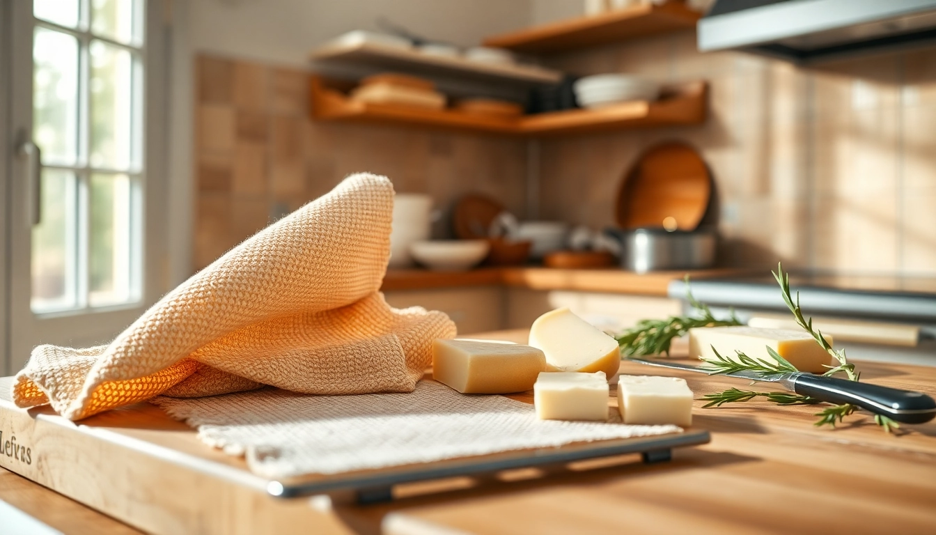 Kaasdoek elegantly draped in a kitchen, showcasing its fine texture and warm atmosphere.