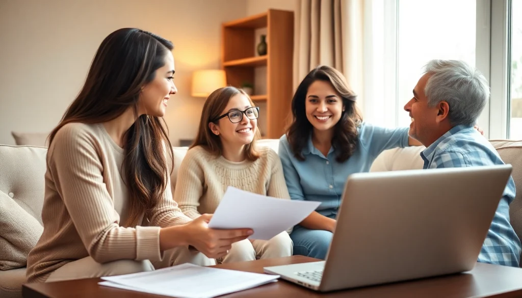 Understanding life insurance options with a family in a cozy living room setting.