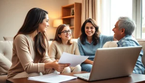 Understanding life insurance options with a family in a cozy living room setting.