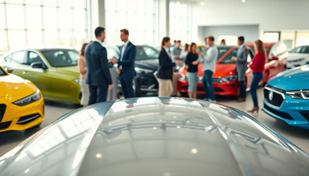 Buy a car in a vibrant dealership with enthusiastic customers and professional staff.