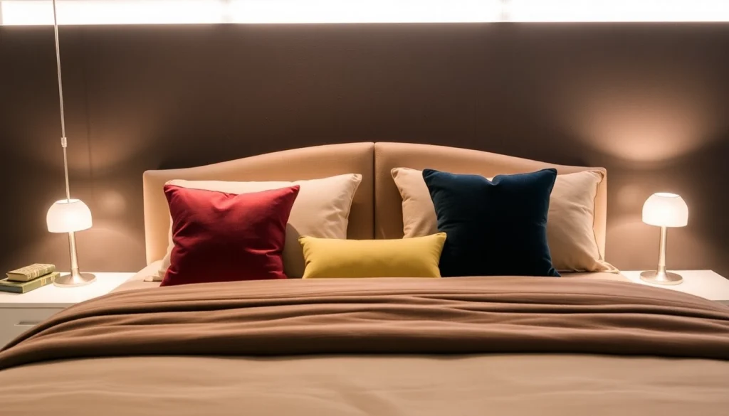 I cuscini letto decorano un elegante letto matrimoniale, garantendo comfort e stile per ogni camera da letto.