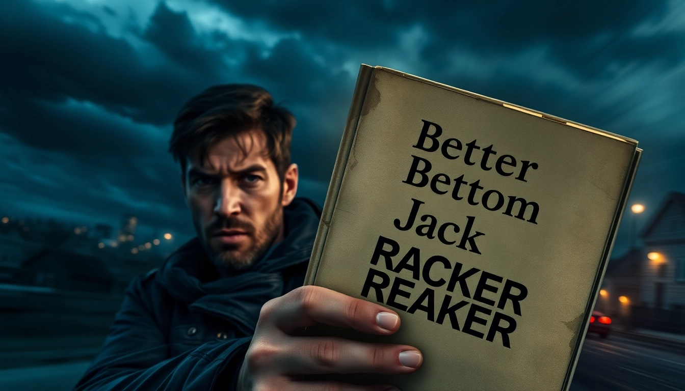 Rugged protagonist engaging with 'Better than Jack Reacher' novel in dramatic urban setting.