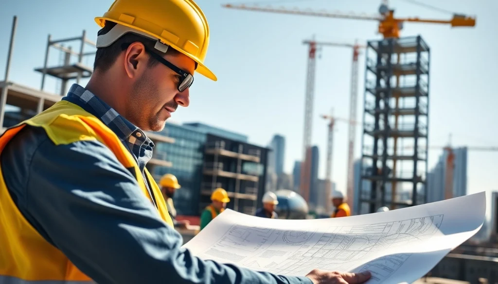 Manhattan Construction Manager overseeing a busy construction site with blueprints and teamwork.