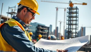 Manhattan Construction Manager overseeing a busy construction site with blueprints and teamwork.