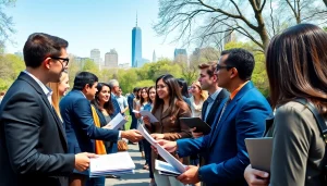 Job seekers networking in New York City highlighting new york jobs opportunities and interactions.