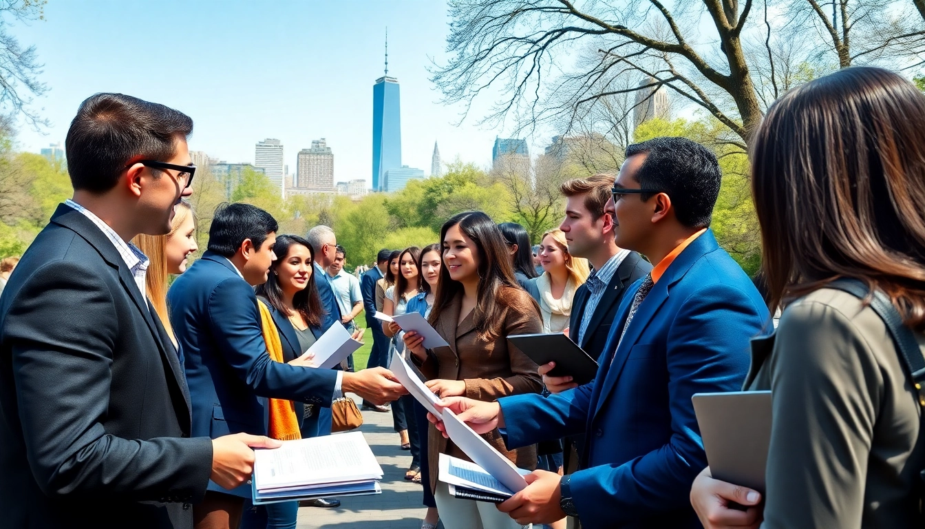 Job seekers networking in New York City highlighting new york jobs opportunities and interactions.