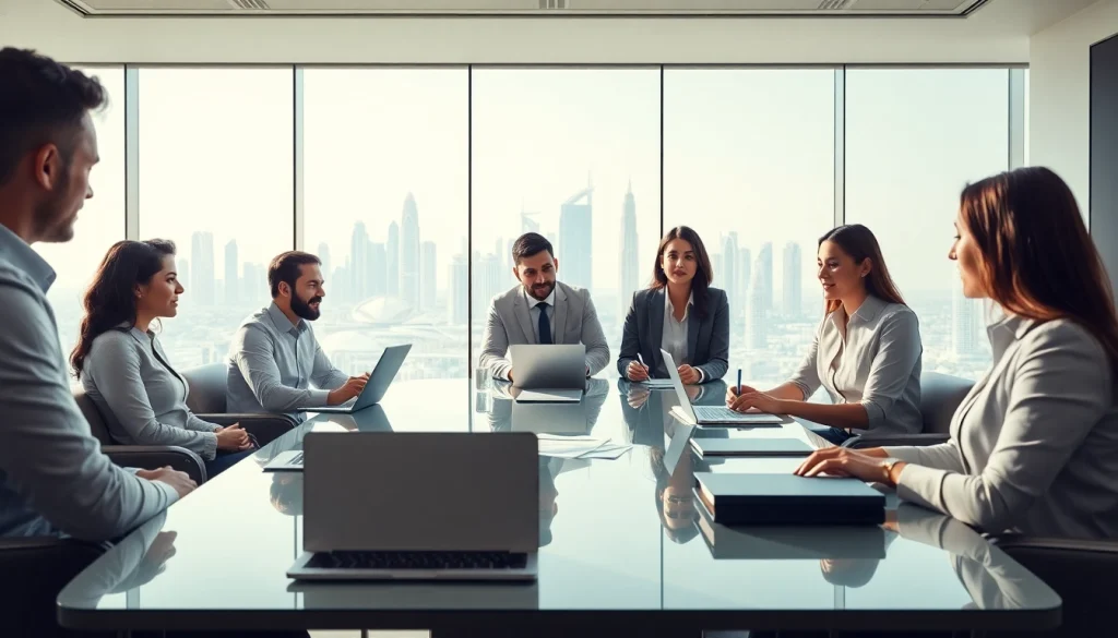 Business Consultants in Dubai collaborating in a modern office environment, showcasing professionalism.