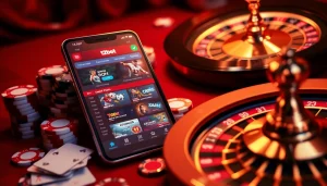 Experience 12bet with an enticing online casino interface, featuring poker chips, cards, and a roulette wheel.