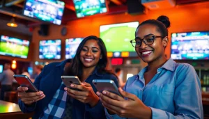 Engaged bettors using online sportsbooks California to place bets in a lively sports setting.