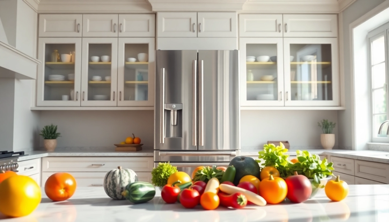 A modern refrigerator in a bright kitchen, showcasing fresh produce and sleek design for culinary inspiration.