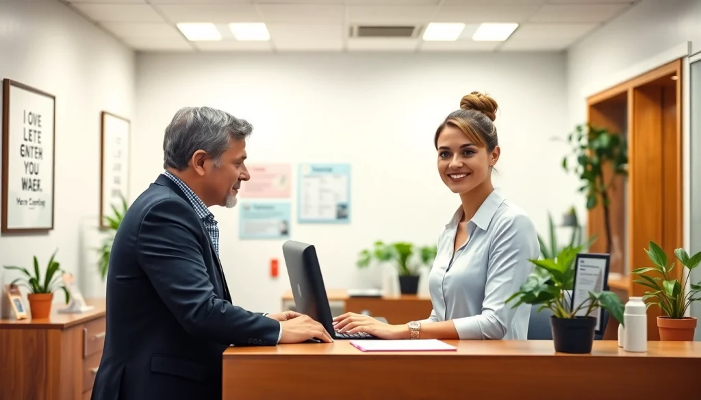 Front desk training scene with a professional receptionist assisting a guest in a welcoming office.