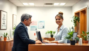 Front desk training scene with a professional receptionist assisting a guest in a welcoming office.
