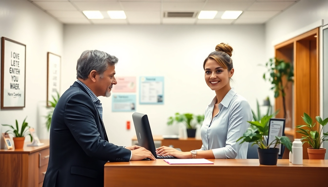 Front desk training scene with a professional receptionist assisting a guest in a welcoming office.