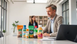 Süßstofflieferant interacting with clients in a modern office, showcasing sugar substitute products.